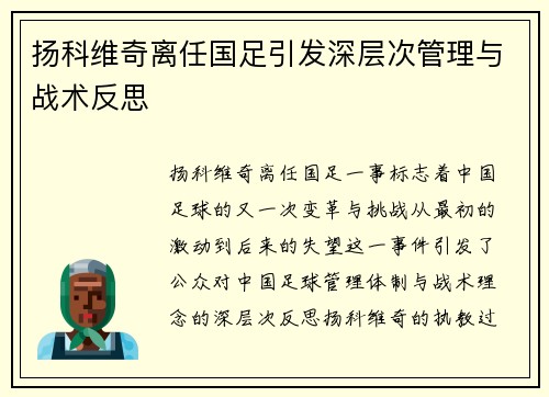 扬科维奇离任国足引发深层次管理与战术反思 扬科维奇离任国足引发深层次管理与战术反思