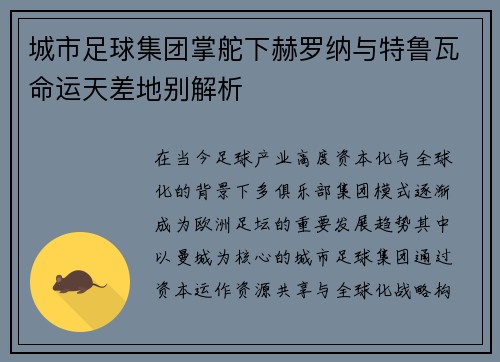 城市足球集团掌舵下赫罗纳与特鲁瓦命运天差地别解析
